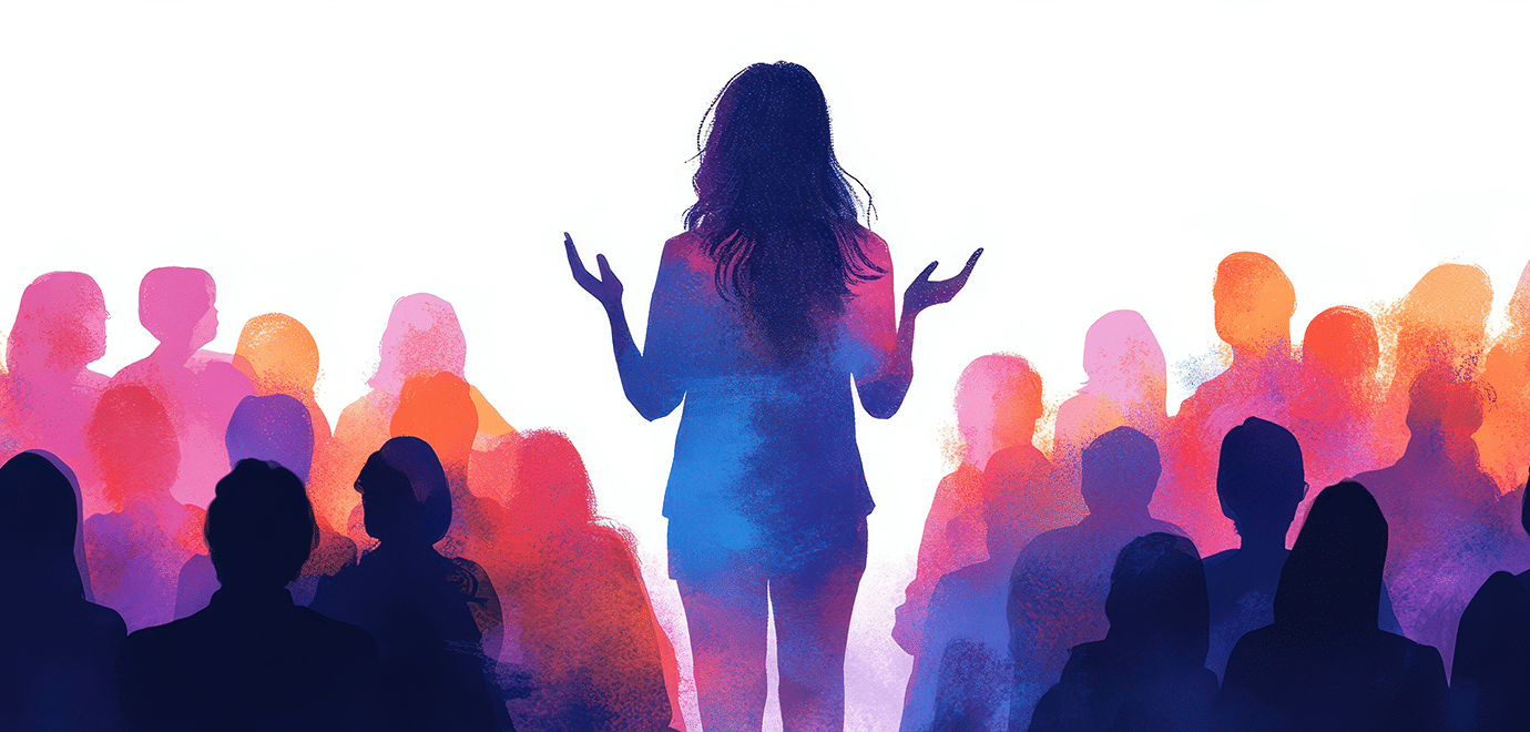 Foto: niti/AdobeStock Frau vor Publikum, gezeichnet, Bühne