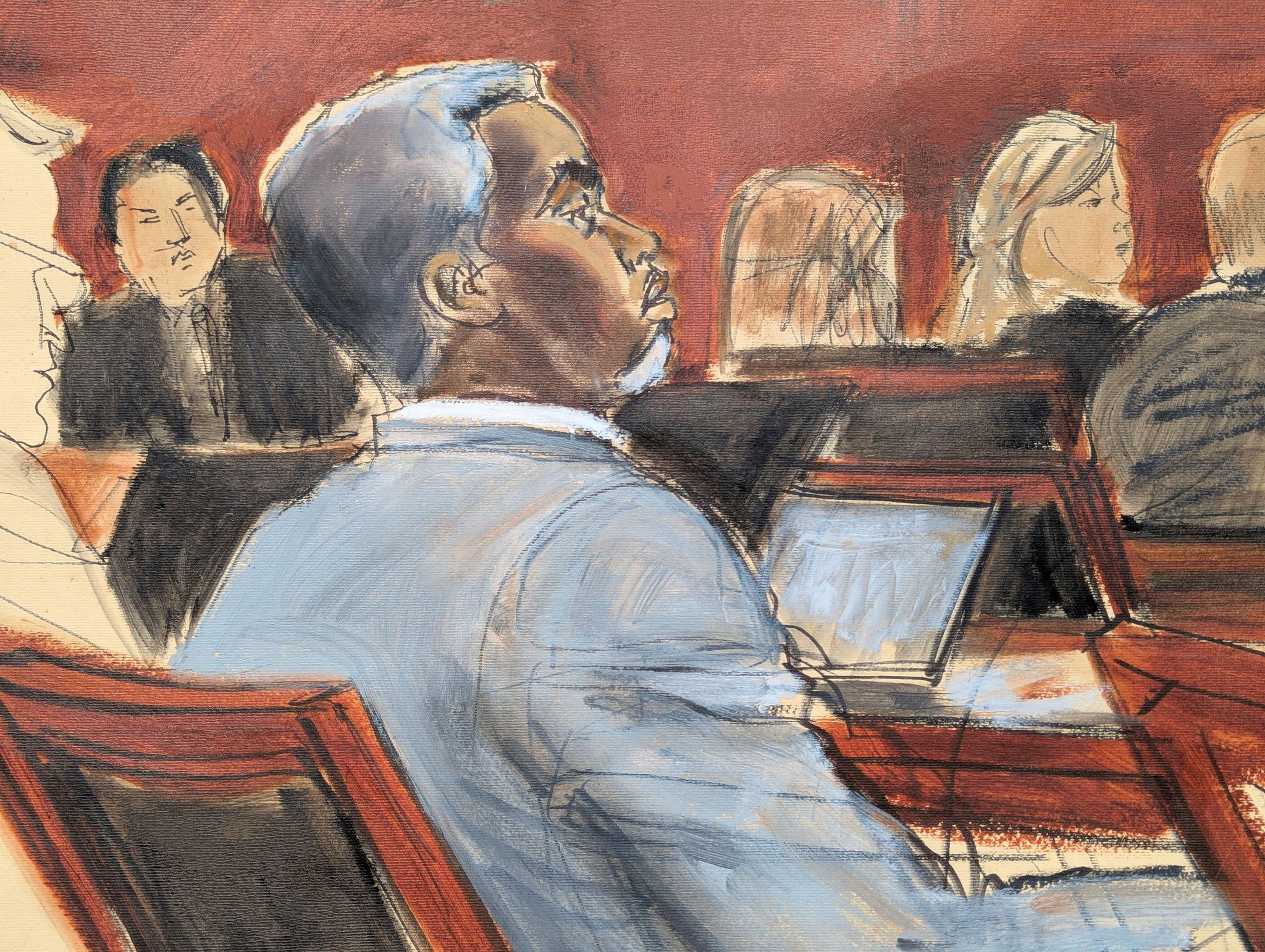 Die Gerichtszeichnung zeigt Sean «Diddy» Combs, der den Eröffnungsplädoyers am ersten Verhandlungstag vor dem Bundesgericht in Manhattan zuhört. (Archivfoto)