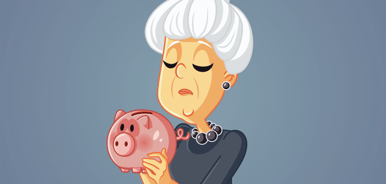 Foto: nicoletaionescu/iStock, eine Grafik mit einer Seniorin und einem Sparschwein in der Hand
